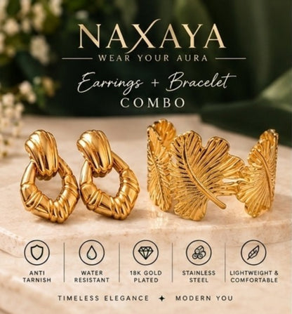 NAXAYA 18K Gold Plated Jewelry Combo Set for Women - Anti-Tarnish & Water Resistant Stainless Steel Ribbed Hoop Earrings and Adjustable Leaf Cuff Bracelet Duo Set (Gift for Women & Girls)