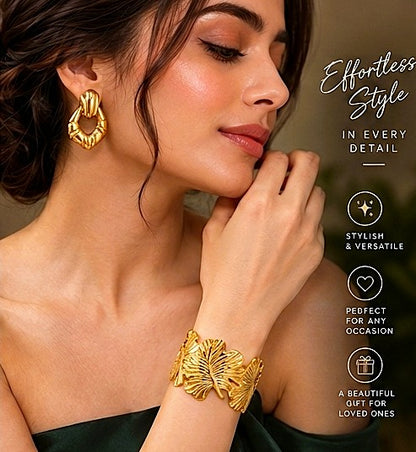 NAXAYA 18K Gold Plated Jewelry Combo Set for Women - Anti-Tarnish & Water Resistant Stainless Steel Ribbed Hoop Earrings and Adjustable Leaf Cuff Bracelet Duo Set (Gift for Women & Girls)
