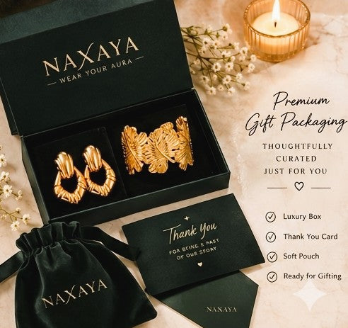 NAXAYA 18K Gold Plated Jewelry Combo Set for Women - Anti-Tarnish & Water Resistant Stainless Steel Ribbed Hoop Earrings and Adjustable Leaf Cuff Bracelet Duo Set (Gift for Women & Girls)