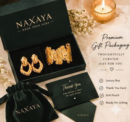 NAXAYA 18K Gold Plated Jewelry Combo Set for Women - Anti-Tarnish & Water Resistant Stainless Steel Ribbed Hoop Earrings and Adjustable Leaf Cuff Bracelet Duo Set (Gift for Women & Girls)
