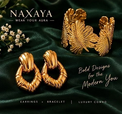 NAXAYA 18K Gold Plated Jewelry Combo Set for Women - Anti-Tarnish & Water Resistant Stainless Steel Ribbed Hoop Earrings and Adjustable Leaf Cuff Bracelet Duo Set (Gift for Women & Girls)