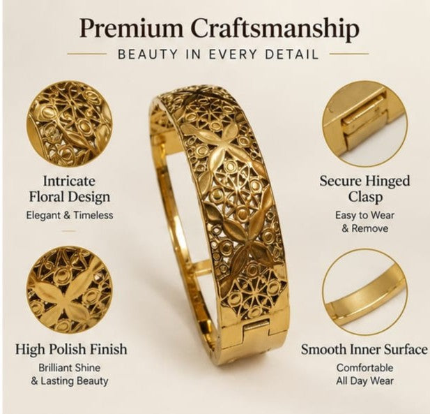 Broad gold openwork kada bangle with lightweight and durable features icons.
