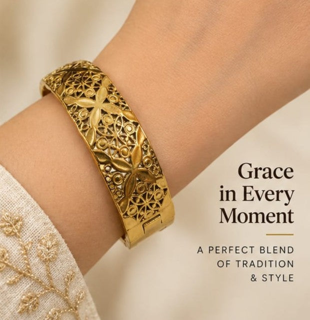  Model wearing Naxaya 18K gold plated traditional broad filigree cuff bangle.