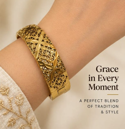  Model wearing Naxaya 18K gold plated traditional broad filigree cuff bangle.