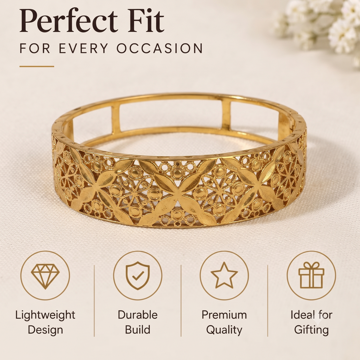 Premium craftsmanship infographic highlighting the secure hinged clasp gold bangle.