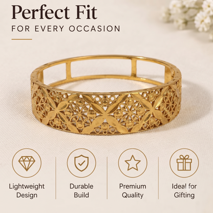 Premium craftsmanship infographic highlighting the secure hinged clasp gold bangle.