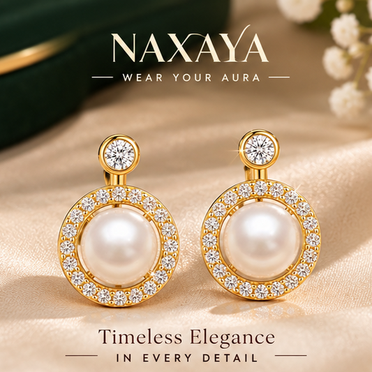 Elegant Naxaya gold halo pearl drop earrings with Timeless Elegance text overlay.