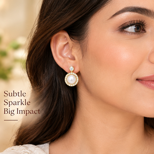  Close-up model shot of Naxaya round pearl drop earring with subtle sparkle text.