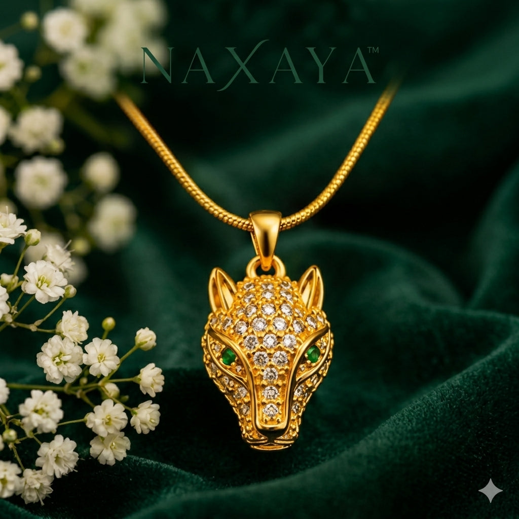 NAXAYA Premium 18K Gold Plated Panther Head Pendant Necklace with Snake Chain for Men & Women | Crystal Studded Iced Out Jaguar Animal Locket for Boys & Girls | Unisex Fashion Jewellery Gift