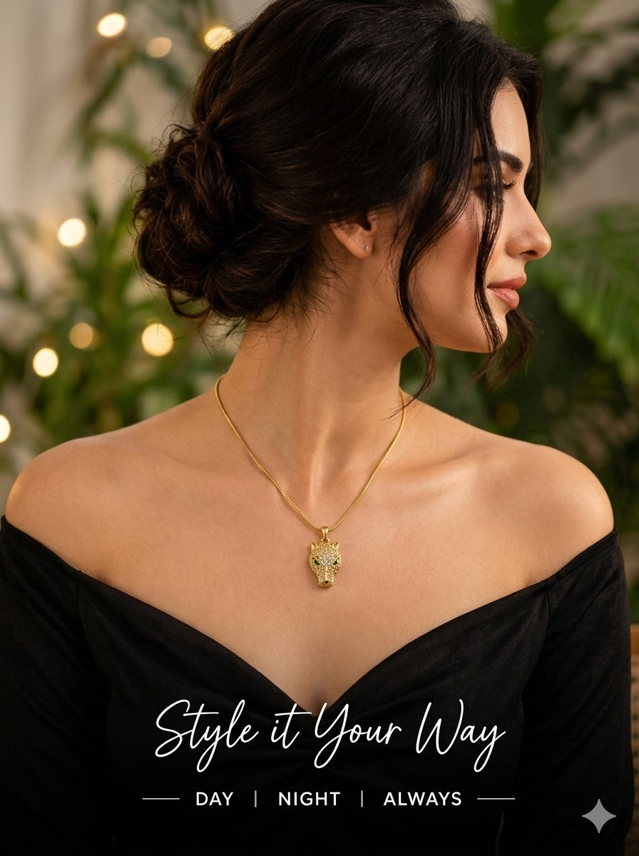 NAXAYA Premium 18K Gold Plated Panther Head Pendant Necklace with Snake Chain for Men & Women | Crystal Studded Iced Out Jaguar Animal Locket for Boys & Girls | Unisex Fashion Jewellery Gift