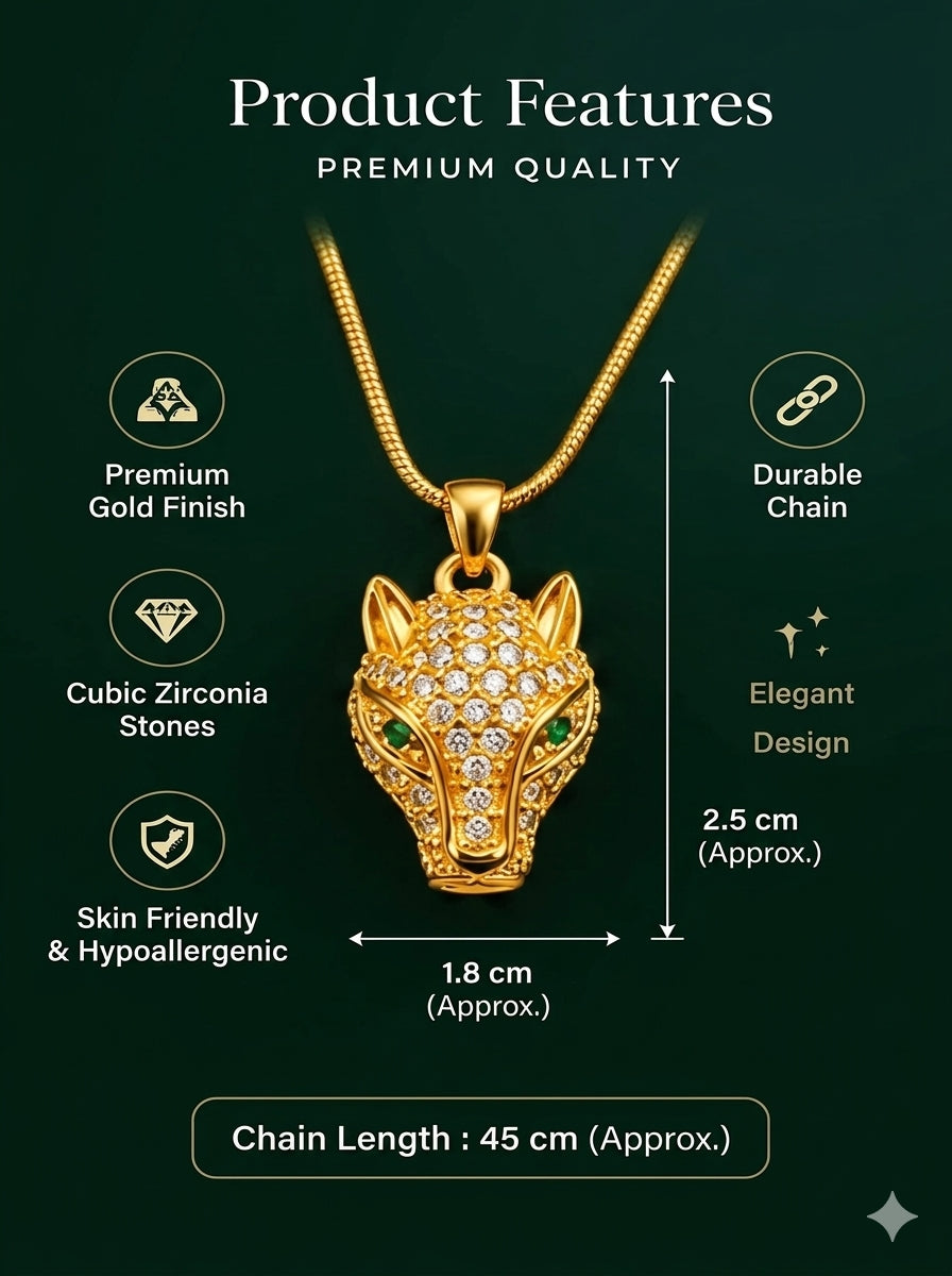 NAXAYA Premium 18K Gold Plated Panther Head Pendant Necklace with Snake Chain for Men & Women | Crystal Studded Iced Out Jaguar Animal Locket for Boys & Girls | Unisex Fashion Jewellery Gift