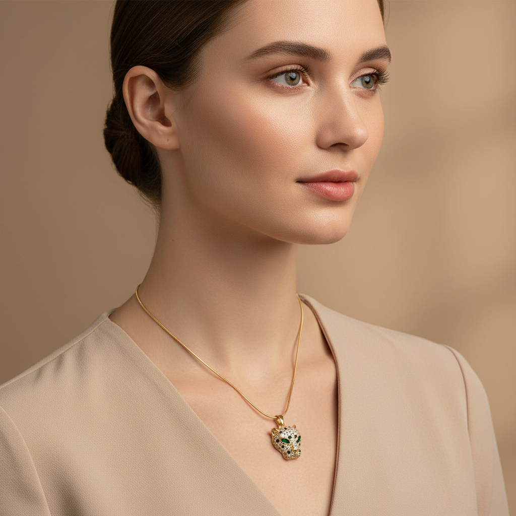 Woman in a beige outfit wearing a NAXAYA gold-tone necklace with a green-eyed panther pendant.